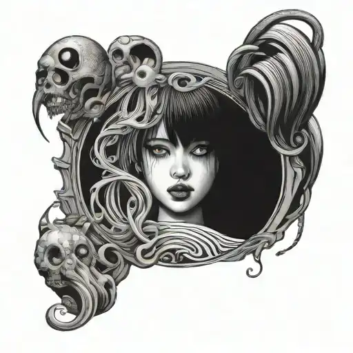 Black And White Anime Girl Character horror gothic Junji Ito Style  tattoo design idea