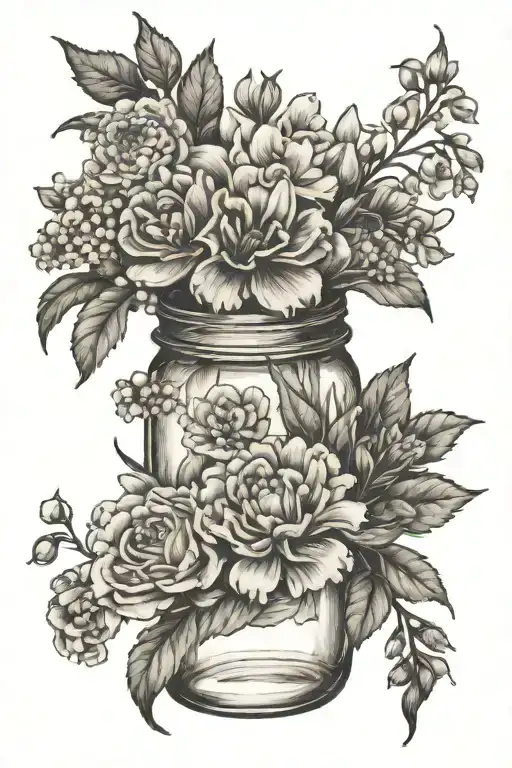 carnation, marigold, daisy, lily of the valley, larkspur in Mason jar tattoo design idea