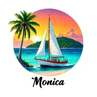 "Monica" "Monica" "Monica" white sailboat front, sailing towards sunrise, background island palm, ocean, beach vibrant color tattoo design idea