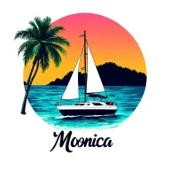 "Monica" "Monica" "Monica" white sailboat front, sailing towards sunrise, background island palm, ocean, beach vibrant color tattoo design idea