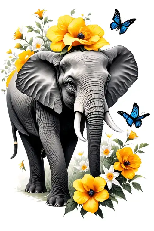 Elephant with poppys and yellow roses surronded with butterflies and narcissus flowers tattoo design idea