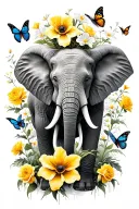 Elephant with poppys and yellow roses surronded with butterflies and narcissus flowers tattoo design idea