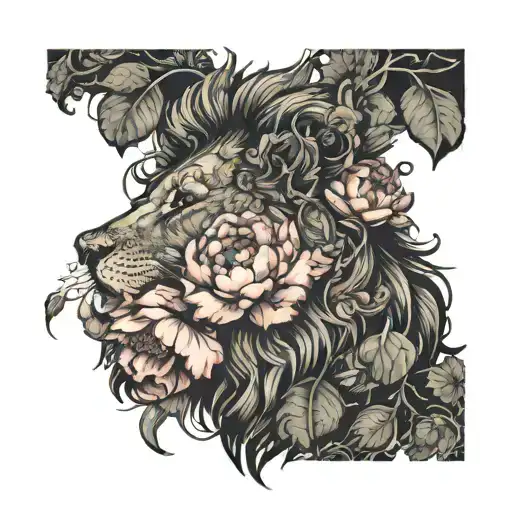 Lion head with vine leaves and peony flowers tattoo design idea