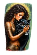 a female warrior with long brown curly hair and brown skin petting a black panther like it is her spirit guide tattoo design idea