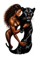 a female warrior with long brown curly hair and brown skin petting a black panther like it is her spirit guide tattoo design idea