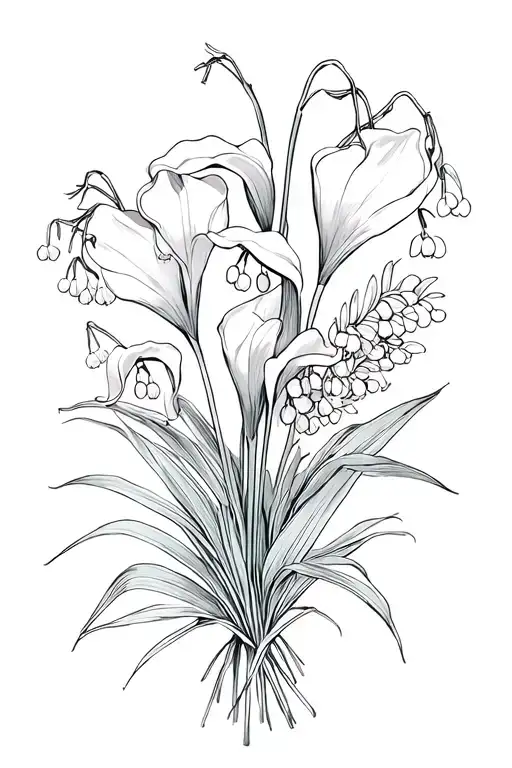 lily of the valley, calla lilies, snow drops, and palms in a bouquet tattoo design idea