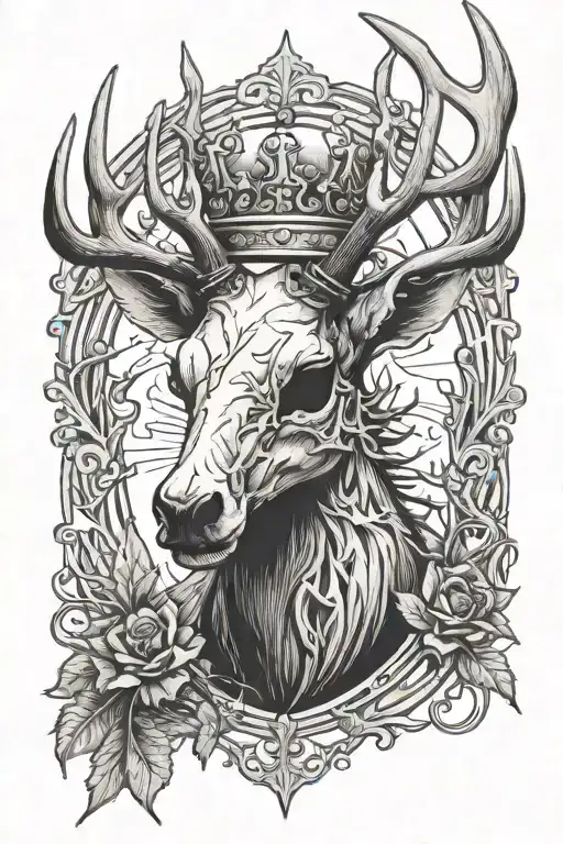 elk skull with crown of thorns tattoo design idea