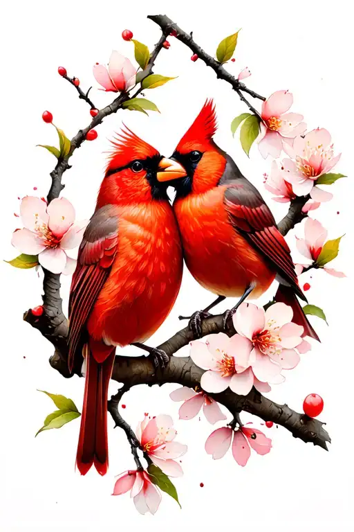 two cardinals perched on a single akebono cherry blossom branch, facing each other in an intimate pose tattoo design idea