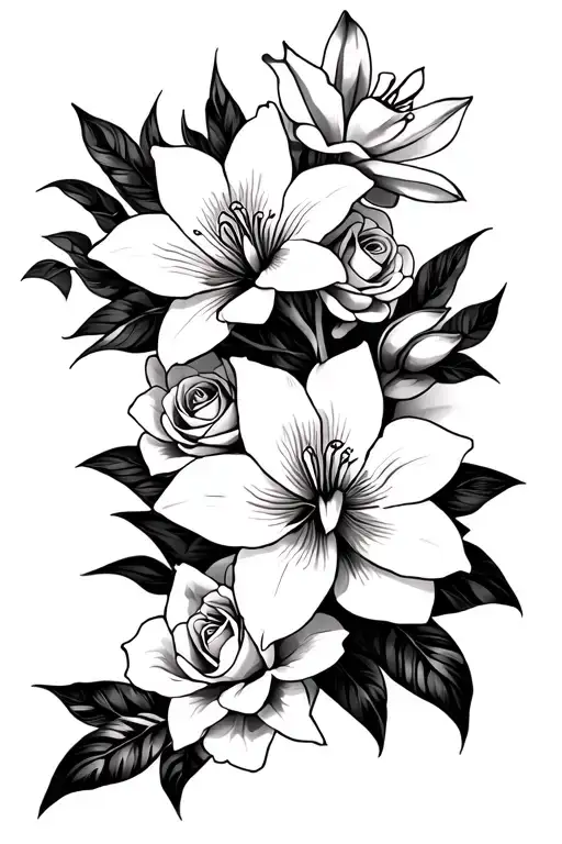 thigh tattoo stencil with lilies, orchids, lotus, and roses tattoo design idea