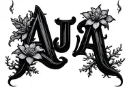 Letters AJA witch flowers growing amidst coral reefs tattoo design idea