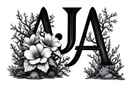 Letters AJA witch flowers growing amidst coral reefs tattoo design idea