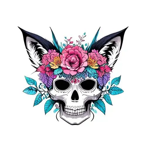 Can you add lace onto the skull please, the colors are pink, lavender, sky blue, black and white, add nine tail fox, pho tattoo design idea