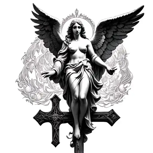 Seraphim realistic angel standing atop a gothic cross tattoo design idea