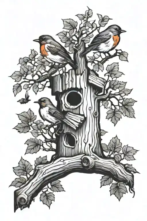 tree stump and 2 robins flying shoulder tattoo design idea