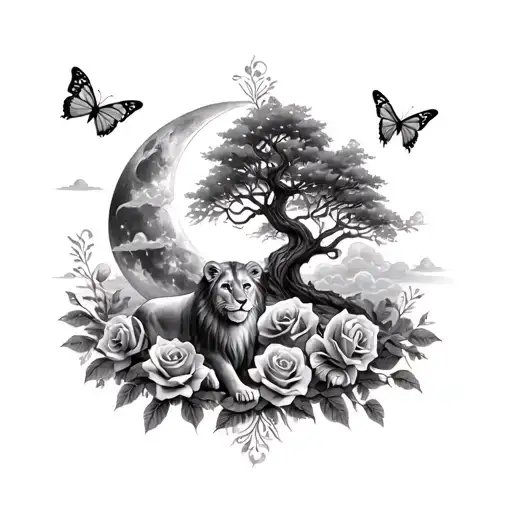 Arya, lion, lion cub, new moon, growing tree, roses, clouds, butterflies  tattoo design idea