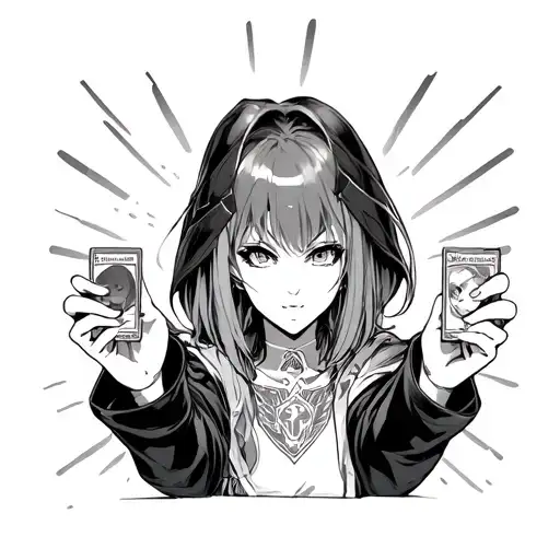 A femboy playing Yugioh with pokemoncards while hailing victory tattoo design idea