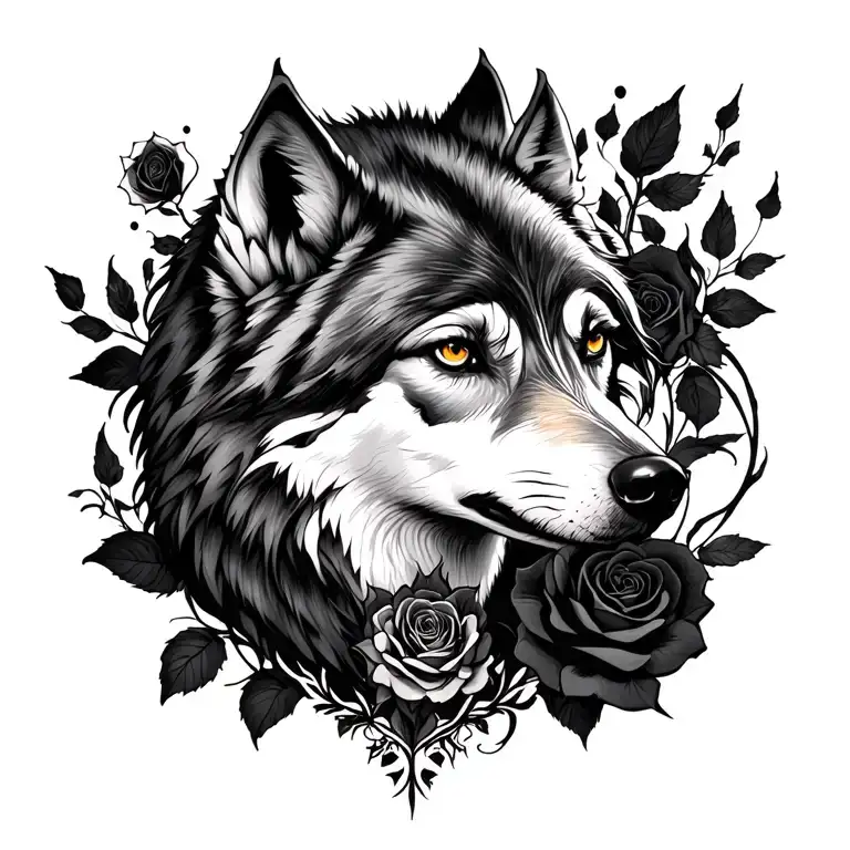 women rose goth wolf surrounded tattoo design idea