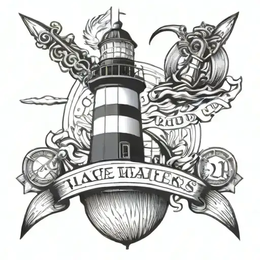 A design of a lighthouse guiding ships to safety, with a firefighter's axe and a navy anchor intertwined, representing your roles in protecting and serving others tattoo design idea