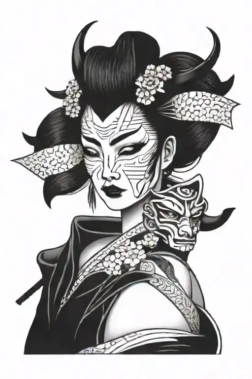 geisha with half oni mask tattoo design idea