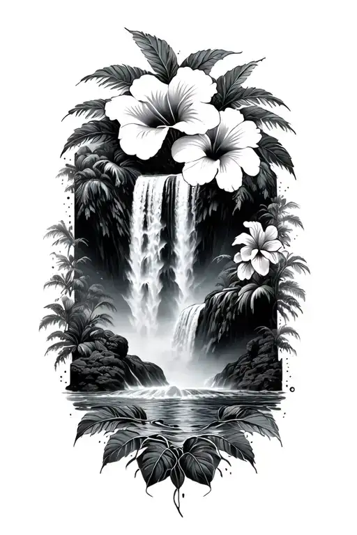 hawaiin waterfall, hibiscus flowers tattoo design idea