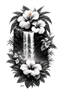 hawaiin waterfall, hibiscus flowers tattoo design idea