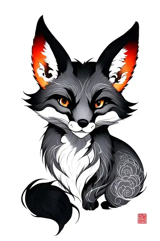 kitsune fox, black and grey tattoo design idea