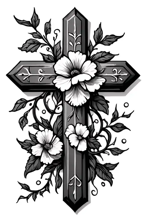 cross tattoo with vines and dainty flowers  tattoo design idea