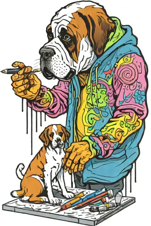 standing graffiti artist creating a masterpiece. replace human head for st Bernard head. holding a marker pen tattoo design idea