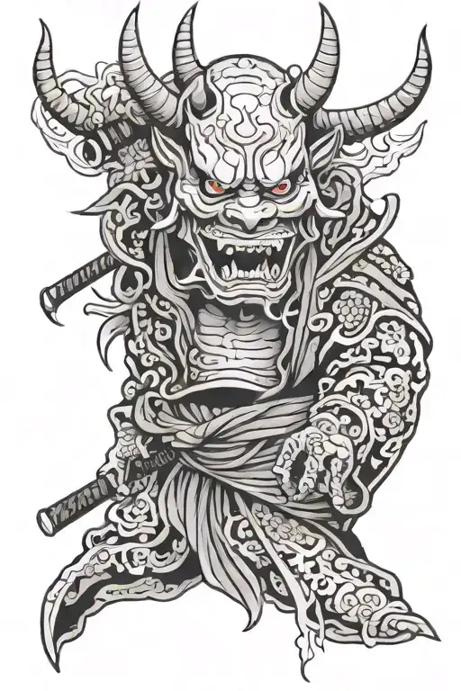 Hannya Oni wearing a broken mask of a geisha holding a katana tattoo design idea