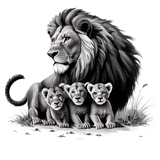 real life lion over looking 3 cubs tattoo design idea