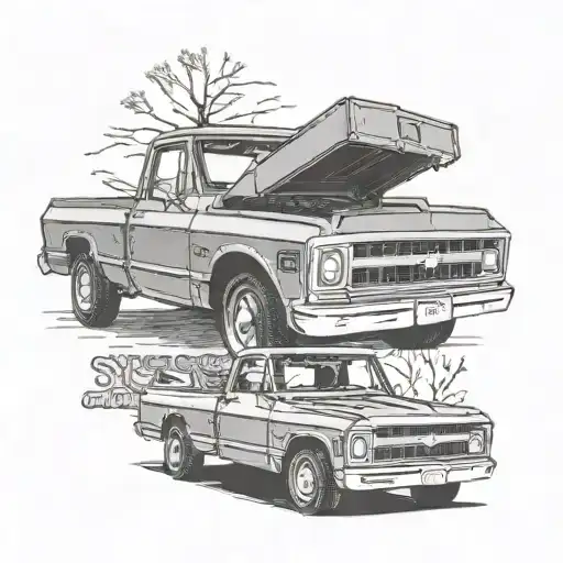 1972 chevy k20 with license plate that says grizz truck only. realistic   tattoo design idea