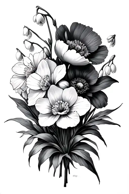 Lilly of the valley, daffodil, poppy and marigold in a bunch tattoo design idea