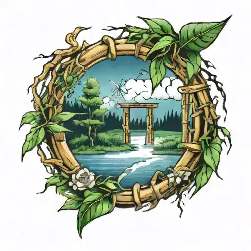 bamboo forrest,wreath,lightning storm clouds tattoo design idea