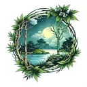 bamboo forrest,wreath,lightning storm clouds tattoo design idea