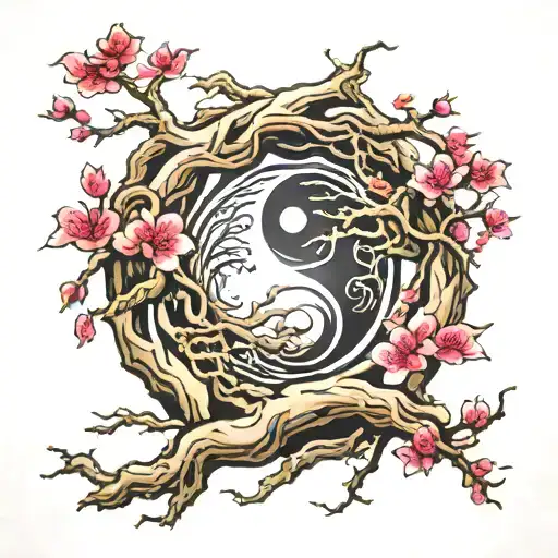ying yang in cherry blossom tree roots  tattoo design idea