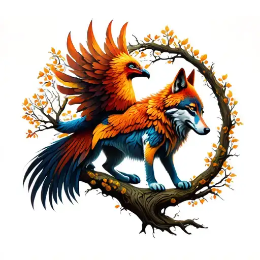 Phenix monitored by a benevolent wolf in a tree of life tattoo design idea