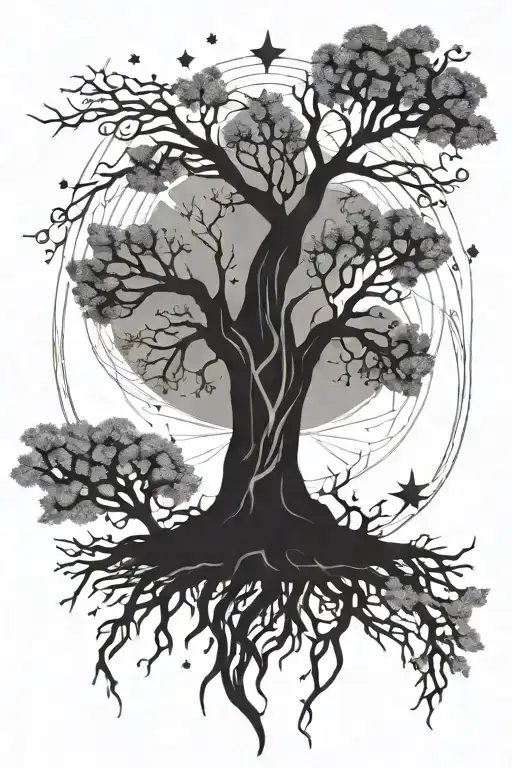 A tattoo of Yggdrasil, the World Tree, with its branches reaching into the universe and stars shining through its leaves tattoo design idea