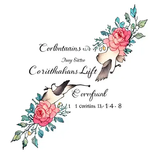 3 birds and flowers surrounding 1 corinthians 13:4-8 tattoo design idea