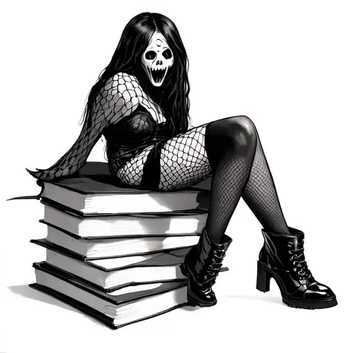 scream mask girl with fish net stockings black boots on top of stack of books tattoo design idea