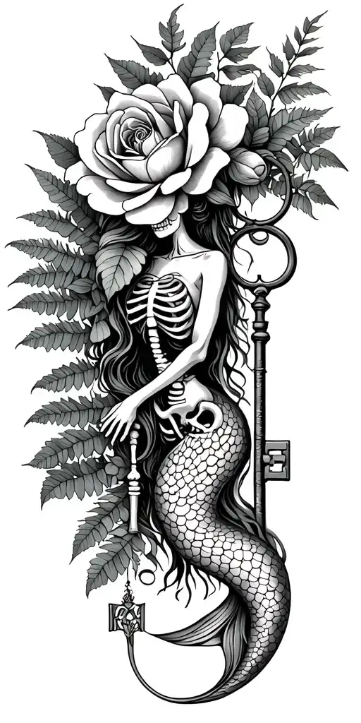 illustrated fine line poetic tattoo with fern, magnolia, rose, a wispy mermaid, skeleton key, ivy, marigold,  tattoo design idea