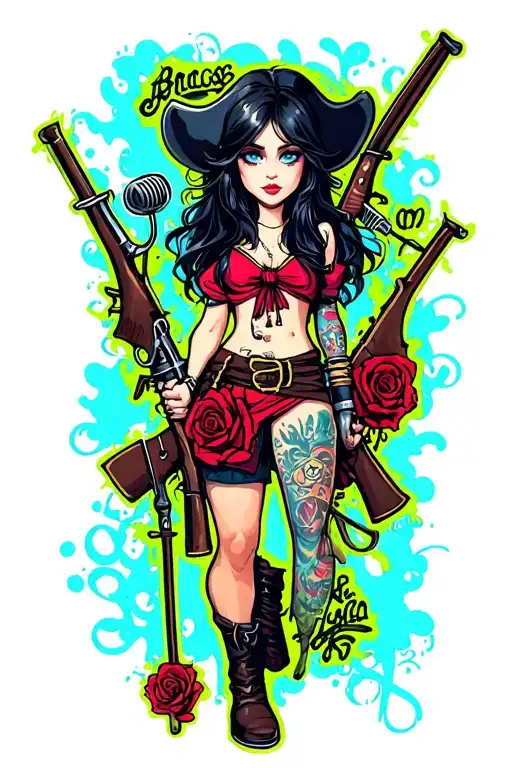 one girl with blue eyes has black hair and she is pirates with muskets black roses and a microphone and a fishing pole tattoo design idea