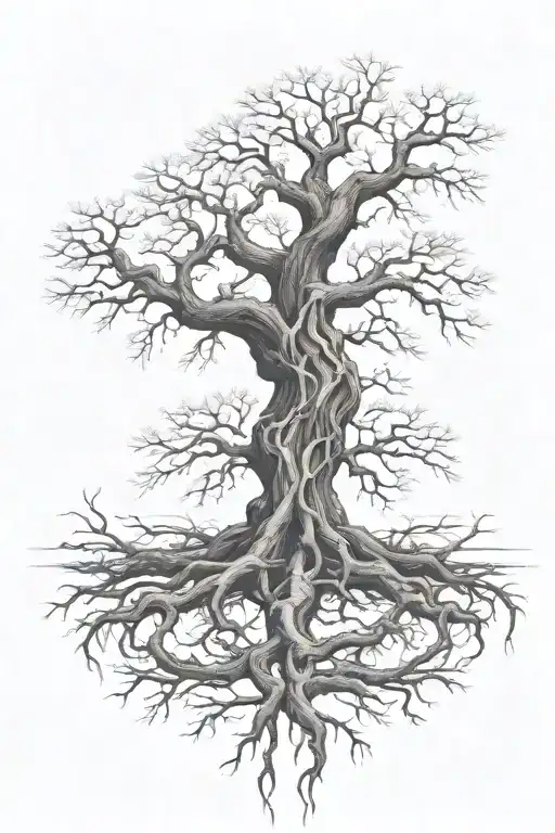dead yggdrasil tree with long spread out roots tattoo design idea