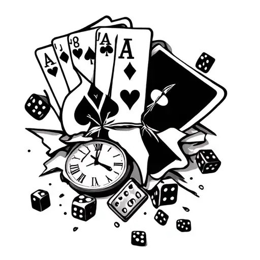 life is a gamble with cards and dice intertwined with a broken clock sleeve tattoo design idea