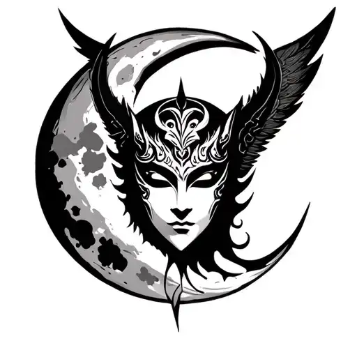 angel oni mask split moon background tattoo design idea