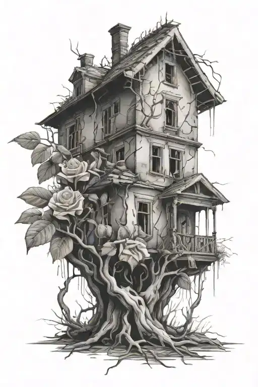 Abandoned Stalin-era house, roses, tree roots tattoo design idea
