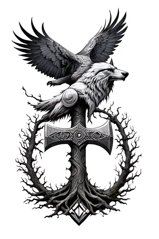 A detailed vegvisir viking thor's hammer wolf oden's raven tree of life full sleeve tattoo design idea