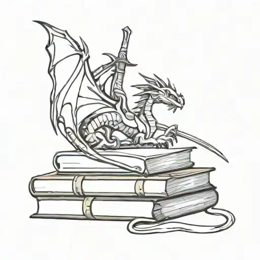 books, a dragon and a sword intertwined tattoo design idea