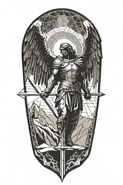 A silhouette of Archangel Michael with a mountain range in the background, symbolizing strength and faith tattoo design idea