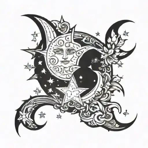 sun illuminating moon with stars  tattoo design idea