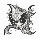 sun illuminating moon with stars  tattoo design idea